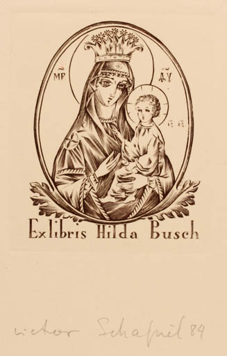 Exlibris by Victor Schapiel from Austria for Hilda Busch - Child Madonna Religion 