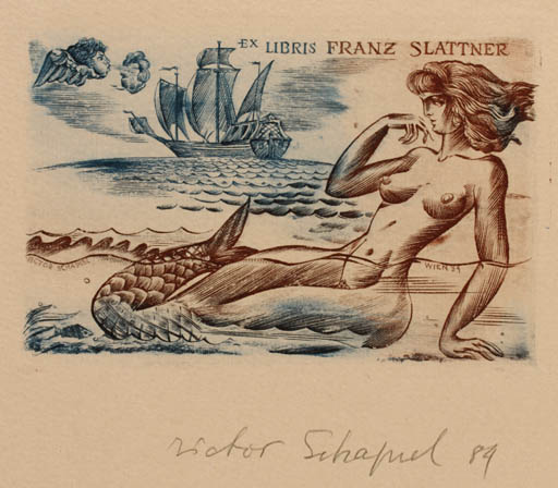 Exlibris by Victor Schapiel from Austria for Franz Slattner - Mermaid Ship/Boat 