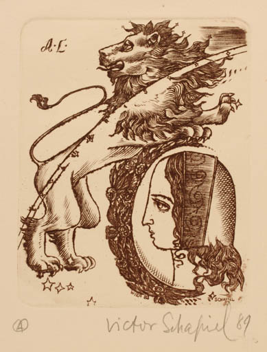 Exlibris by Victor Schapiel from Austria for L. A. - Fauna Cosmos Woman Portrait 