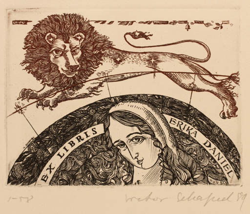 Exlibris by Victor Schapiel from Austria for Erika Daniel - Fauna Cosmos Woman Portrait 