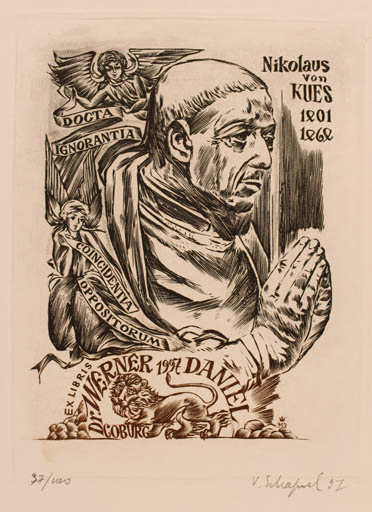 Exlibris by Victor Schapiel from Austria for Dr. Werner Daniel - Angel Fauna Man Portrait Religion 