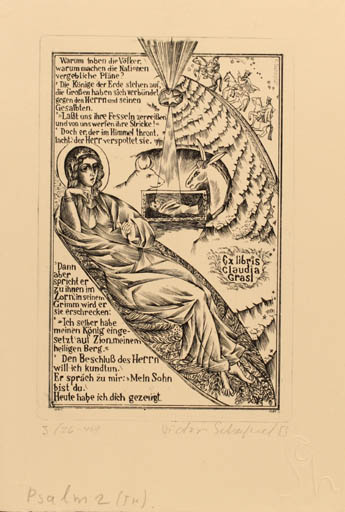 Exlibris by Victor Schapiel from Austria for Claudia Grasl - Child Madonna Religion Text/Writing 