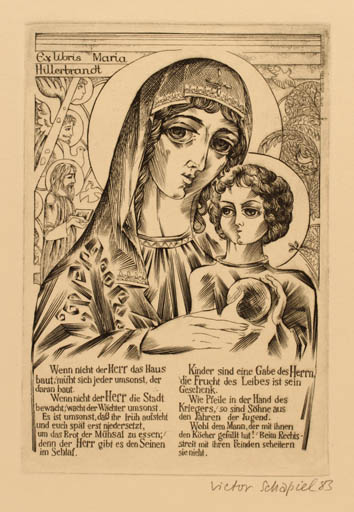 Exlibris by Victor Schapiel from Austria for Maria Hillerbrandt - Child Madonna Portrait Religion Text/Writing 