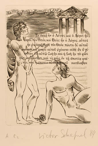 Exlibris by Victor Schapiel from Austria for Hans Walther Czap - Classical antiquity Man Nude Text/Writing 