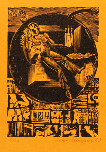 Exlibris by Victor Schapiel from Austria for . M. - Fable Animal Surrealism 