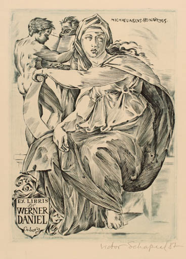 Exlibris by Victor Schapiel from Austria for Dr. Werner Daniel - Child Woman 