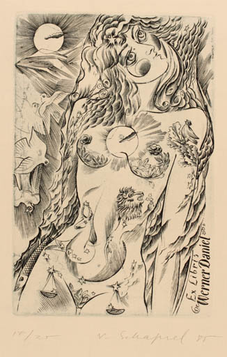 Exlibris by Victor Schapiel from Austria for Dr. Werner Daniel - Fauna Bird Cosmos Woman 