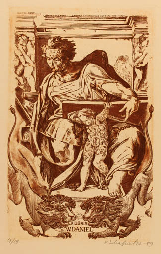 Exlibris by Victor Schapiel from Austria for Dr. Werner Daniel - Classical antiquity Child Fauna Man 