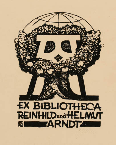 Exlibris by Tadeusz Szumarski from Poland for Reinhild und Helmut  Arndt - Globe Text/Writing Tree 