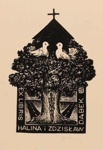 Exlibris by Tadeusz Szumarski from Poland for Halina & Zdzislaw Dabek - Bird Tree 