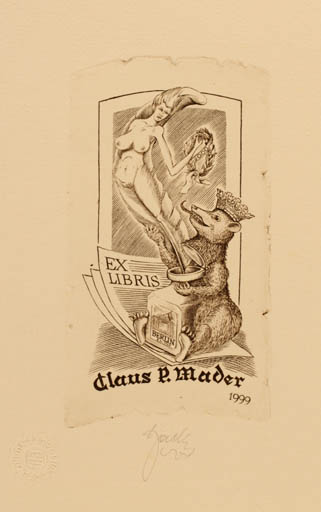 Exlibris by Tadeusz Szumarski from Poland for Claus P. Mader - Fauna Woman Nude 