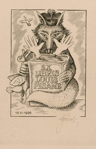 Exlibris by Tadeusz Szumarski from Poland for Louis Pisane - Book Fauna Bird Hand(s) 