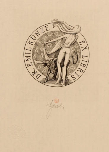 Exlibris by Tadeusz Szumarski from Poland for Dr. Emil Kunze - Europa and the Bull 