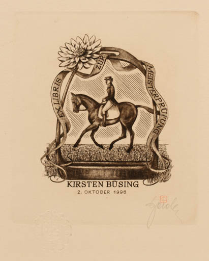 Exlibris by Tadeusz Szumarski from Poland for Kirsten Büsing - Flower Horse Horseman/Rider 