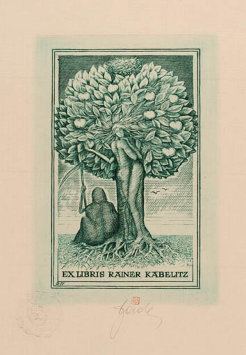 Exlibris by Tadeusz Szumarski from Poland for Rainer Kabelitz - Adam and Eve Death Fruit Tree 