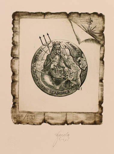 Exlibris by Tadeusz Szumarski from Poland for Jutta & Jens Plambeck - Fairytale/fable Fish Globe Maritime 