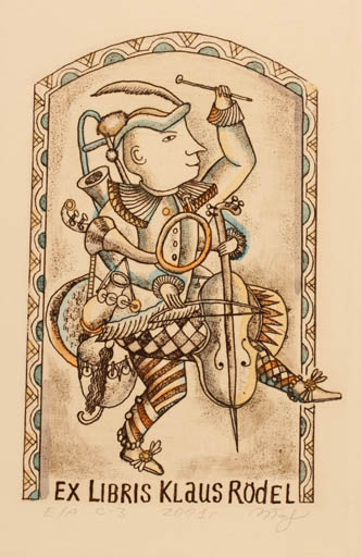 Exlibris by Ivan Tarasjuk from Russia for Klaus Rödel - Man Music Theater/Cirkus 