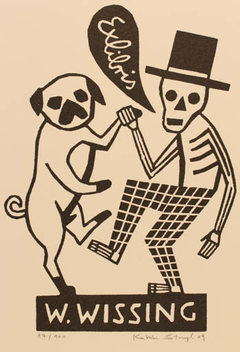 Exlibris by Katrine Stangl from Germany for Wolfgang Wissing - Dancing Death Dog Man 