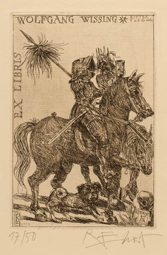 Exlibris by Rainer Ehrt from Germany for Wolfgang Wissing - Death Dog Knight Horseman/Rider 