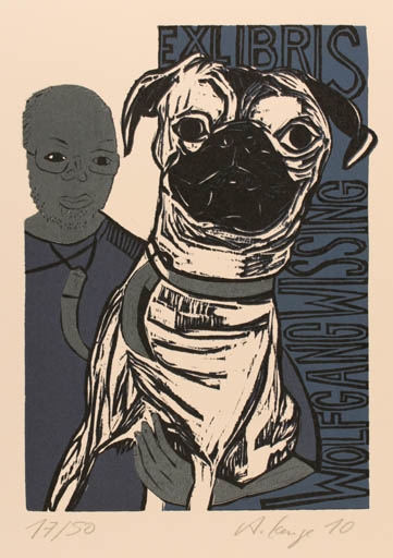 Exlibris by Andrea Lange from Germany for Wolfgang Wissing - Dog Man 