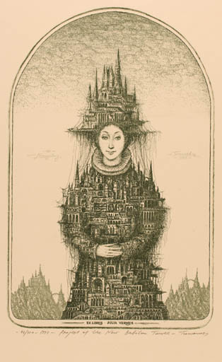 Exlibris by S.K. Tjukanow from Russia for Julia Vermes - City Woman Surrealism 