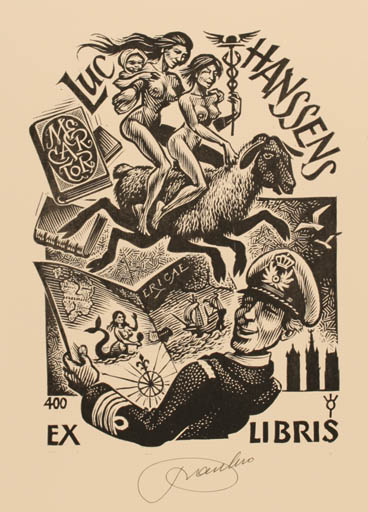 Exlibris by Frank-Ivo van Damme from Belgium for Luc Hanssens - Book Fauna Woman Maritime Portrait 