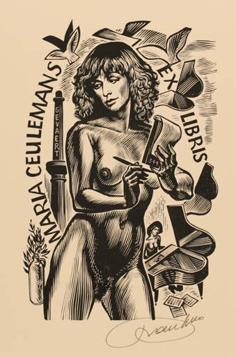 Exlibris by Frank-Ivo van Damme from Belgium for Maria Ceulemans - Woman Music Nude 