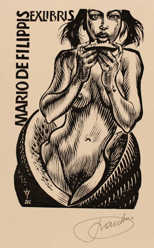 Exlibris by Frank-Ivo van Damme from Belgium for Mario de Filippis - Woman Nude 