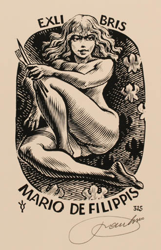 Exlibris by Frank-Ivo van Damme from Belgium for Mario de Filippis - Woman Nude 