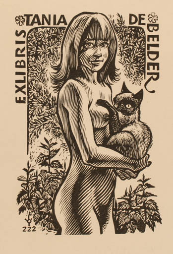 Exlibris by Frank-Ivo van Damme from Belgium for Tania De Belder - Cat Woman Nude 