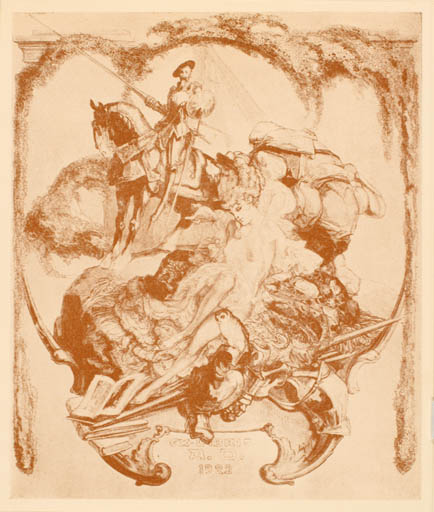 Exlibris by Franz von Bayros from Austria for ? A. D. - Don Quijote Knight Literature Woman 