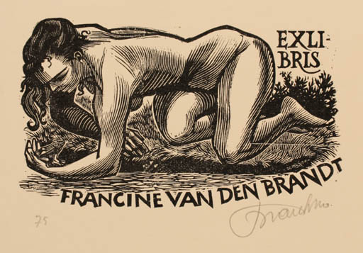 Exlibris by Frank-Ivo van Damme from Belgium for Francine Van Den Brandt - Woman Nude 