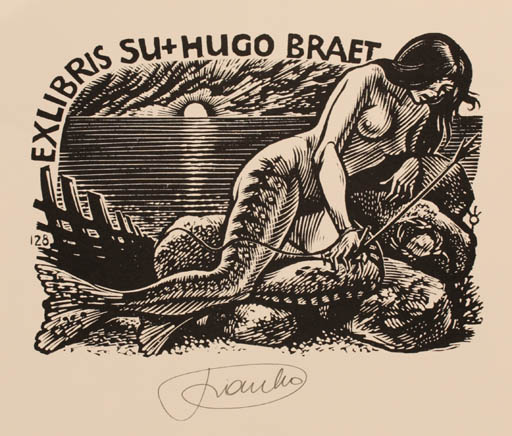 Exlibris by Frank-Ivo van Damme from Belgium for Su + Hugo Braet - Mermaid Maritime Sun 