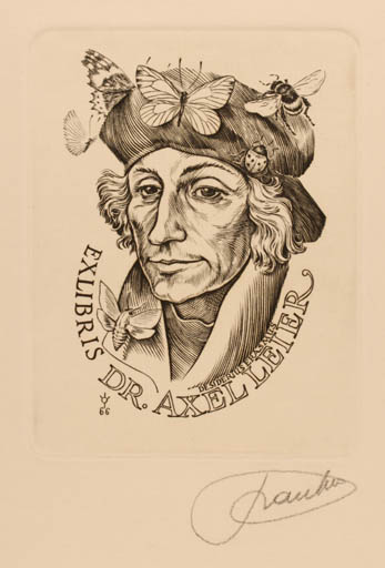 Exlibris by Frank-Ivo van Damme from Belgium for Dr. Axel Leier - Insect Man Portrait Butterfly 