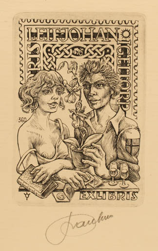 Exlibris by Frank-Ivo van Damme from Belgium for Leif Johan Igeltorp - Flower Book Couple 