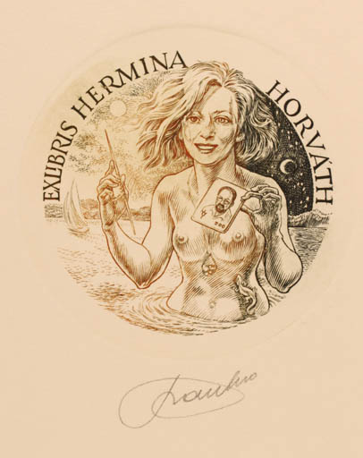 Exlibris by Frank-Ivo van Damme from Belgium for Hermina Horvath - Woman Maritime Nude 