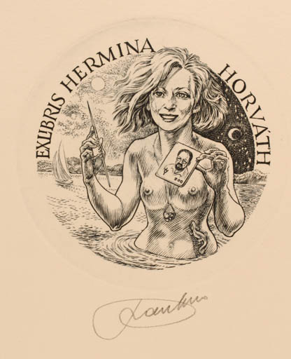 Exlibris by Frank-Ivo van Damme from Belgium for Hermina Horvath - Woman Maritime Ship/Boat 