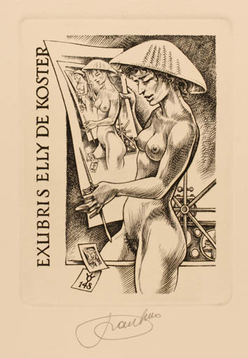 Exlibris by Frank-Ivo van Damme from Belgium for Elly de Koster - Woman Nude Printing technique 