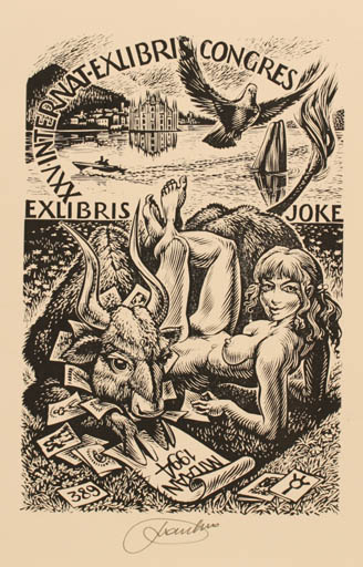 Exlibris by Frank-Ivo van Damme from Belgium for ? Joke - Europa and the Bull Exlibris Congress Bird Maritime 