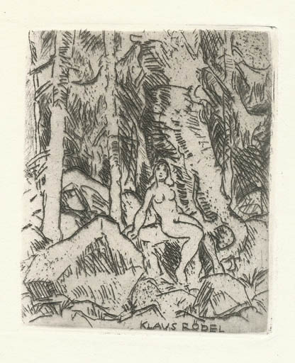 Exlibris by Rudolf Koch from Germany for Klaus Rödel - Woman Literature Nude 