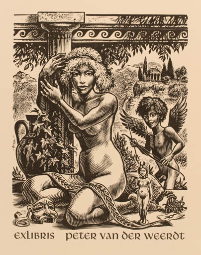 Exlibris by Frank-Ivo van Damme from Belgium for Peter van der Weerdt - Classical antiquity Woman Scenery/Landscape Nude 