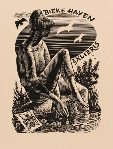 Exlibris by Frank-Ivo van Damme from Belgium for Bieke Hayen - Bird Insect Woman 