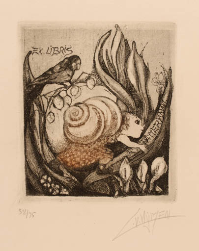 Exlibris by Lies Van Vlymen from Netherland for Reglinde Lattermann - Fable Animal Flora Bird 