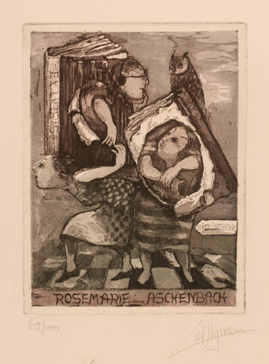 Exlibris by Lies Van Vlymen from Netherland for Rosemarie Aschenbach - Book Group Owl 