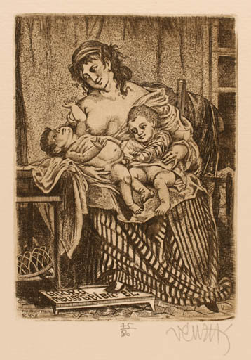 Exlibris by Zoltan Vén from Hungary for Georg Meussgeir - Child Interior Woman 