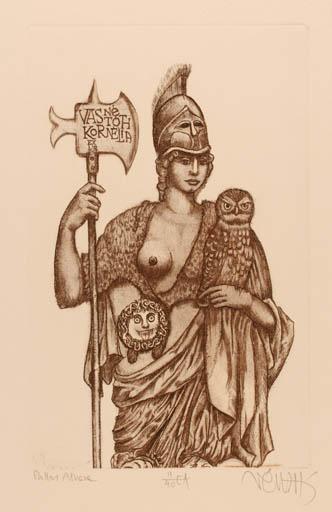 Exlibris by Zoltan Vén from Hungary for Kornèlia Vasnè Tòth - Classical antiquity Woman Mythology Owl 