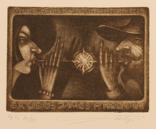 Exlibris by Vladimir Verechagin from Russia for James P. Keenan - Exlibris Congress Couple Portrait 