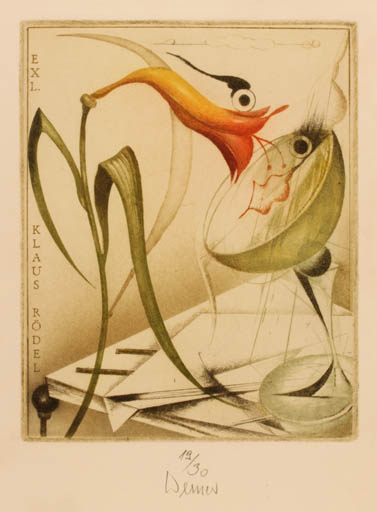 Exlibris by Josef Werner from Germany for Klaus Rödel - Flower Surrealism Wine 