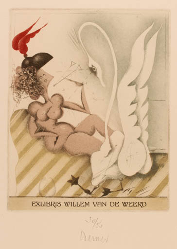 Exlibris by Josef Werner from Germany for Willem van de Weerd - Leda and the Swan 