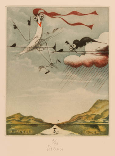 Exlibris by Josef Werner from Germany for Ing. Josef Burch - Mountain Bird Surrealism 